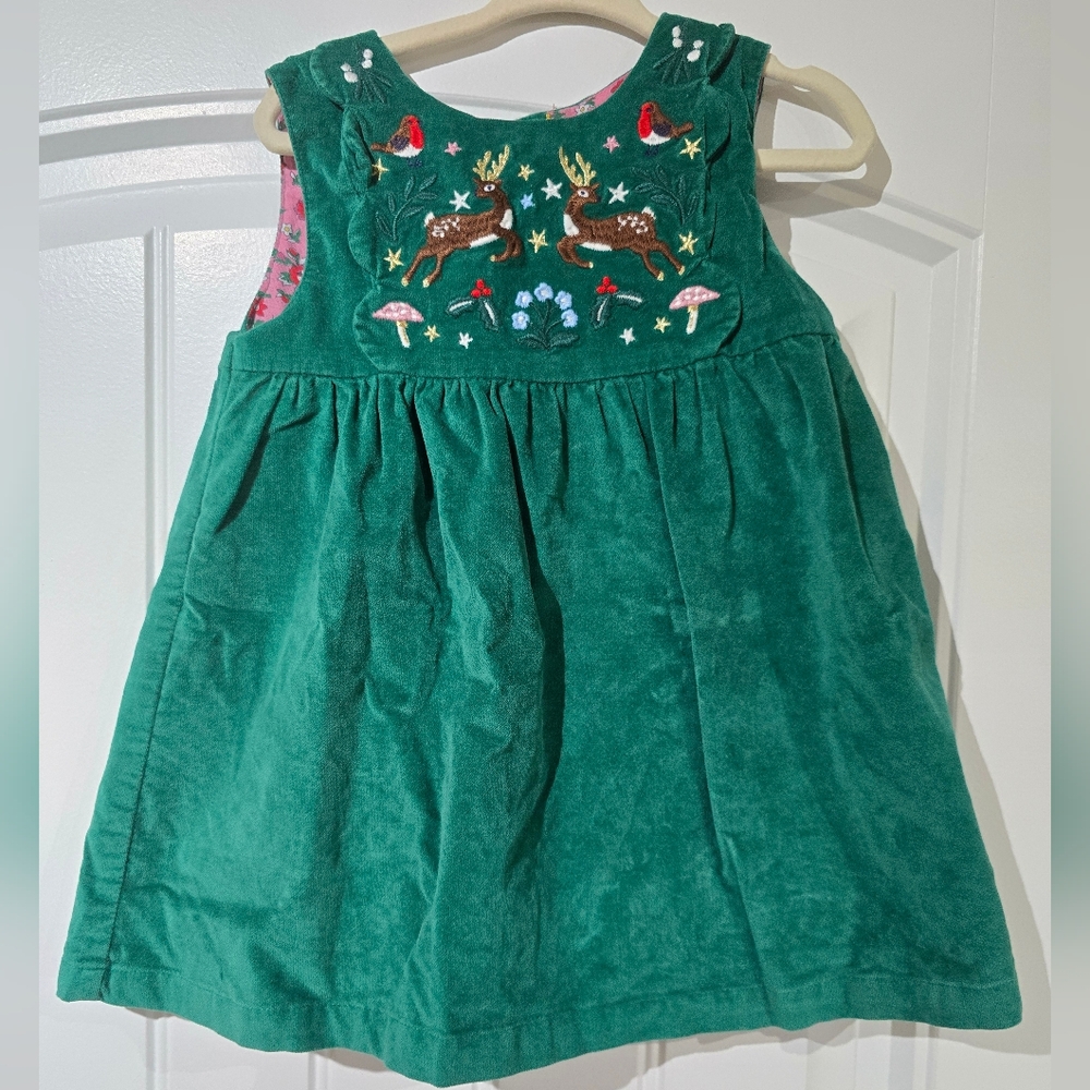 Baby Boden Green Embroidered Corduroy Dress With Floral Lining 12/18 Months